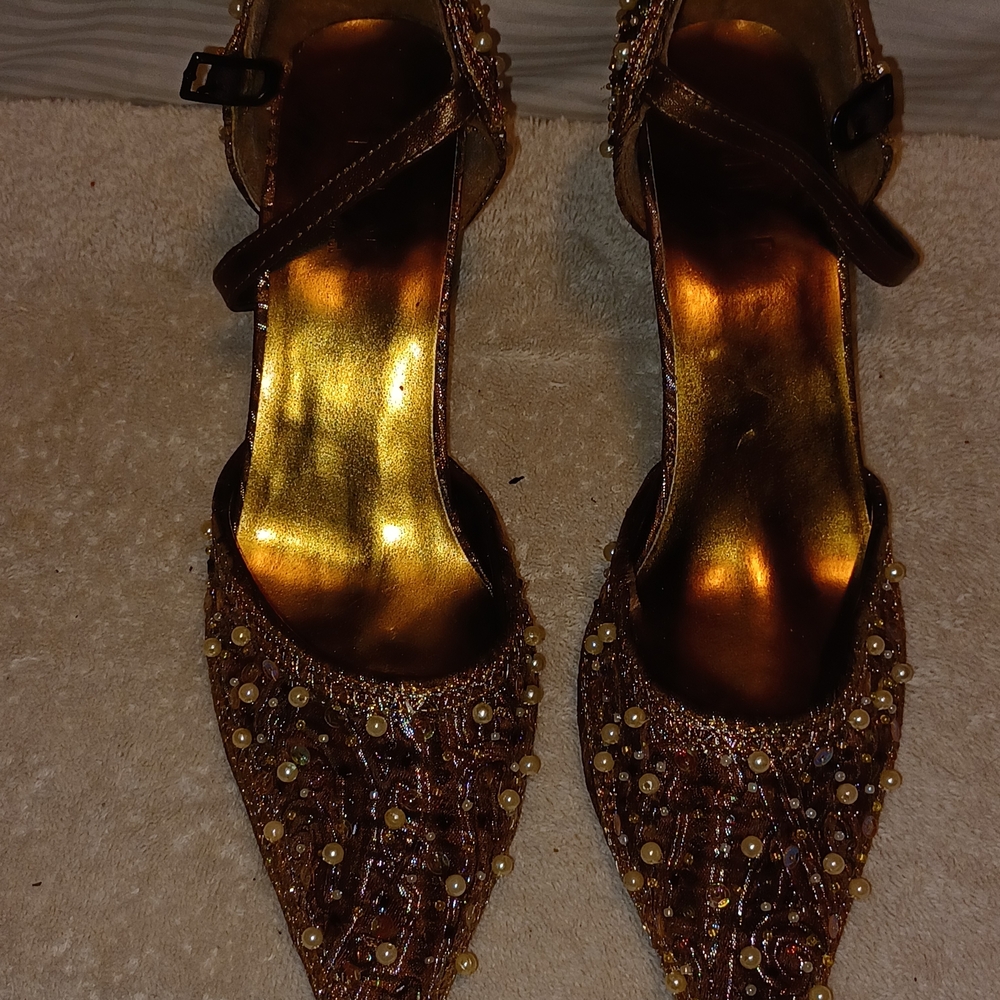 Nina Gold and Brown Beaded Heels